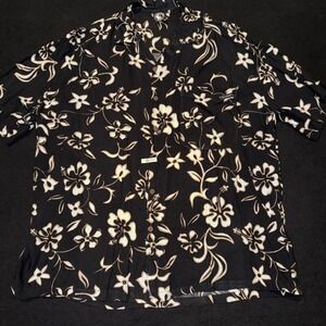 T&C Surf Designs Black Hawaiian White‎ Flower Button Down Short Sleeve Mens XL